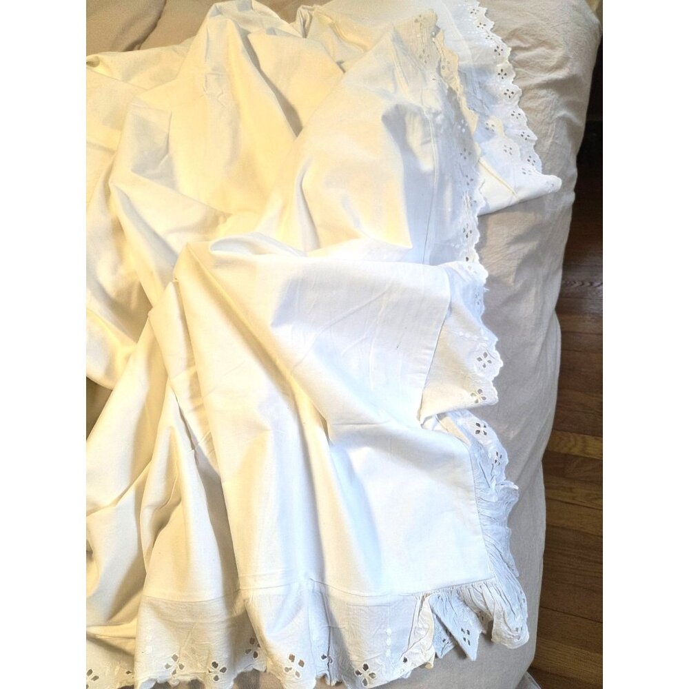 Antiq French White Cotton Duvet Cover Lace Trim 90x78 some spots
